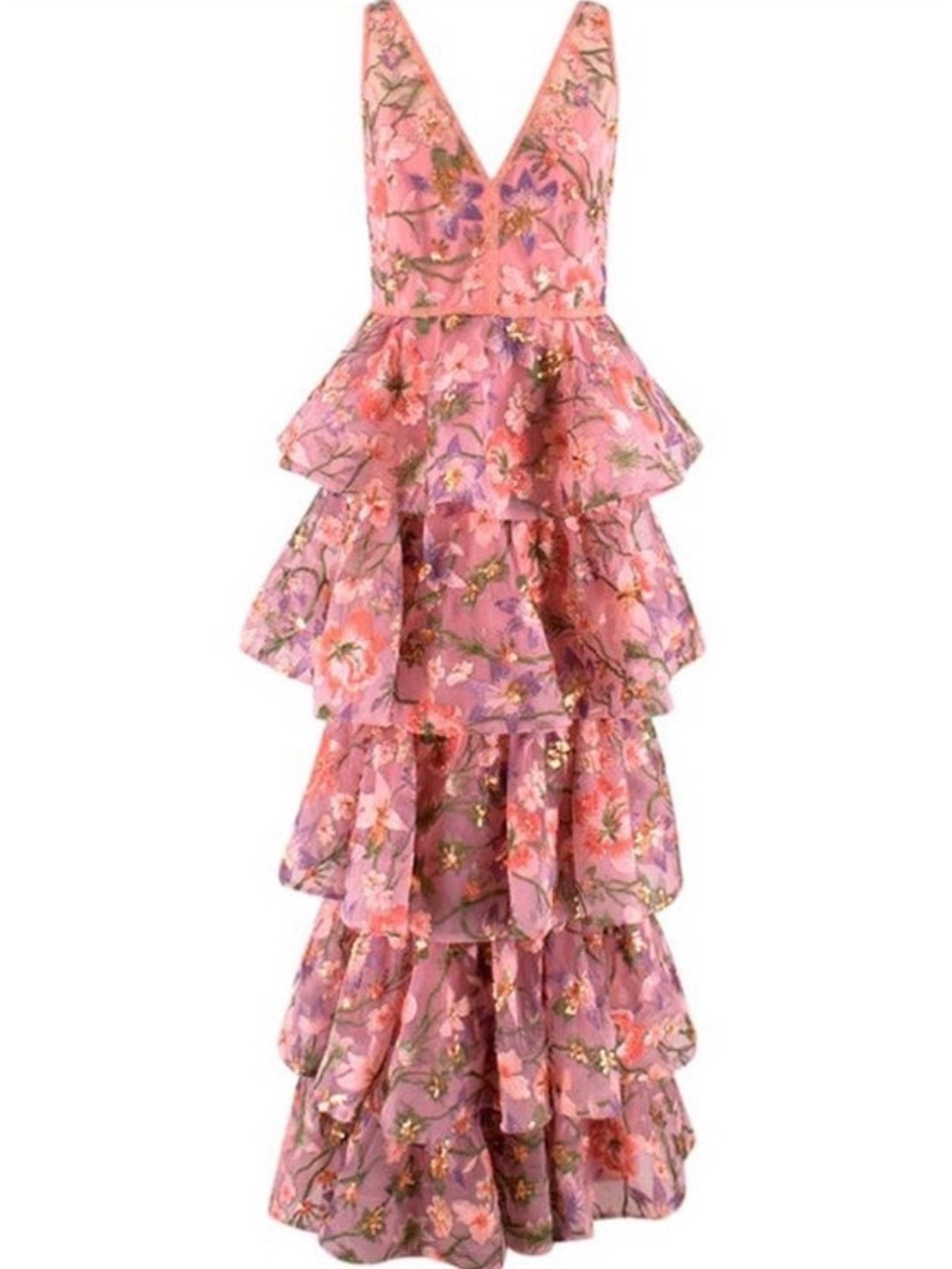 Marchesa Pink Floral Tiered V-Neck Gown